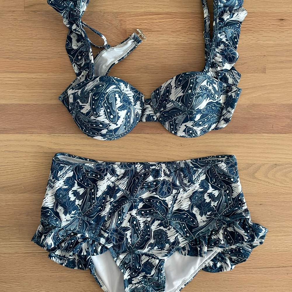Flaxmaker Blue Dragonfly Printed Ruffle Swimsuit -Medium